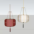 Traditional Red And White Fabric Pendant Lamps With Tassels On Blue Background