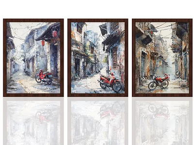 Three Landscape Paintings Featuring Old Street Alley Scenery With Red Motorcycle 3d model