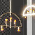 Modern Arched Semicircular Chandeliers with Yellow Bulbs and Neon Light on Dark Striped Background