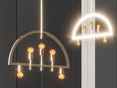 Modern Arched Semicircular Chandeliers with Yellow Bulbs and Neon Light on Dark Striped Background 3d model