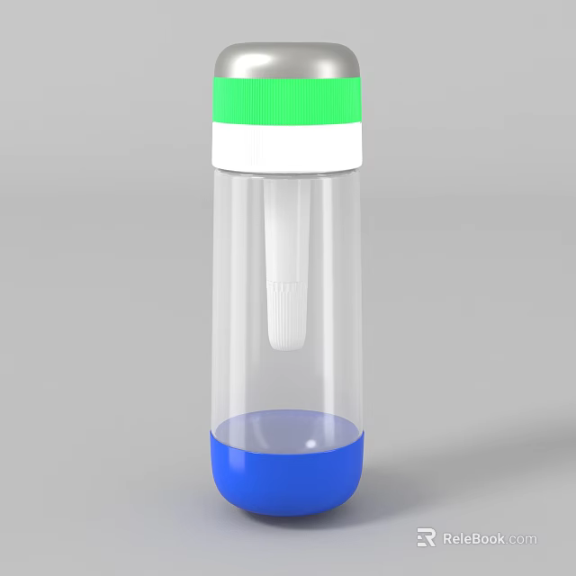 Transparent Water Bottle Featuring Green Cap White Ring Blue Base And Stirrer 3d model 