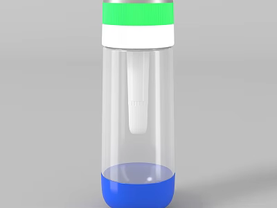 Transparent Water Bottle Featuring Green Cap White Ring Blue Base And Stirrer 3d model