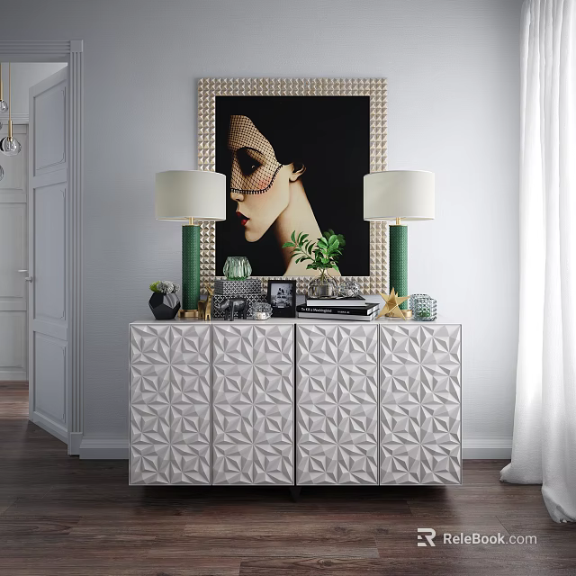 Green Base Table Lamps on White Textured Cabinet with Framed Woman Portrait and Decorative Plants 3d model 