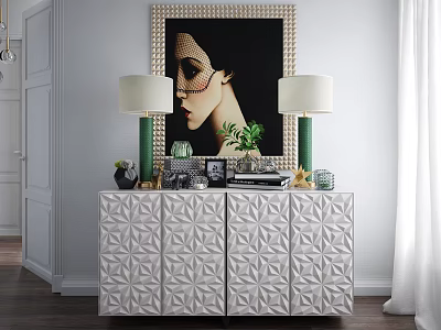 Green Base Table Lamps on White Textured Cabinet with Framed Woman Portrait and Decorative Plants 3d model