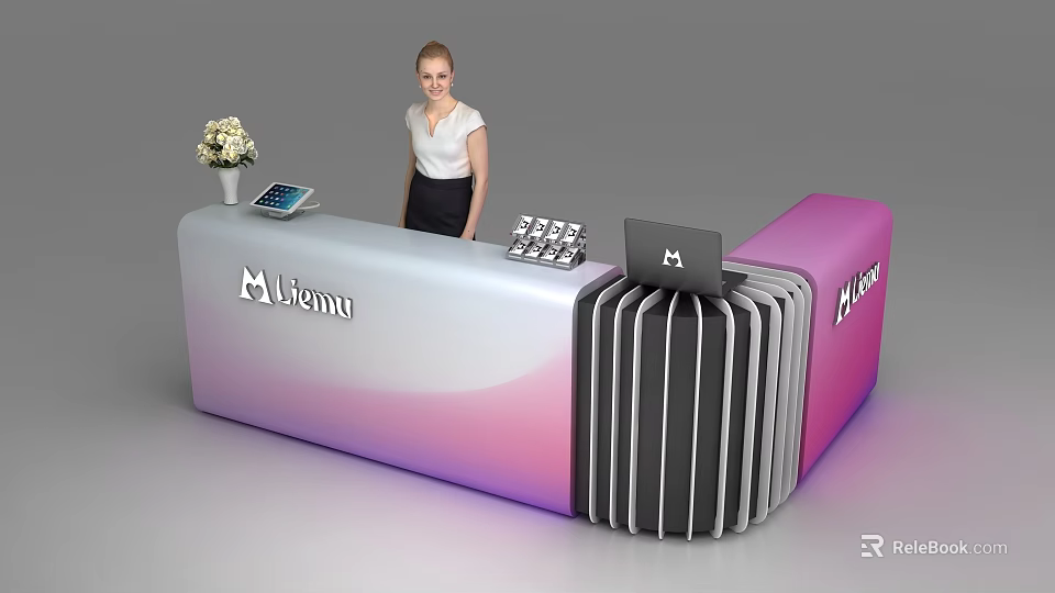 Modern Milenyu Reception Desk With Pink White Gradient Design And Tablet Flower Vase 3d model 