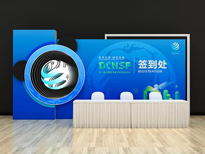 Event Registration Counter With Blue Backdrop And White Table Setup For Check In 3d model