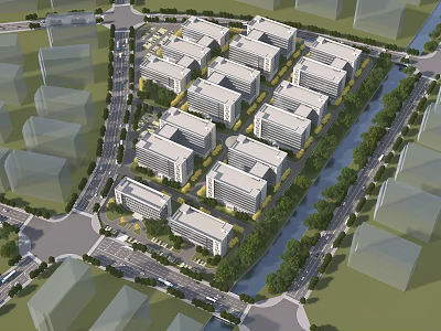Large Scale Industrial Factory Park With Multiple Buildings Road Network Green Belt And River 3d model