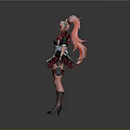 Stylish Woman In Red And Black Costume With Head Decoration Black Gloves And Leg Straps