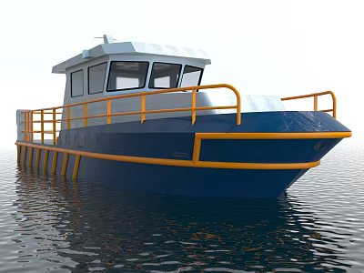 Blue And White Ship With Yellow Railings Floating On Water 3d model