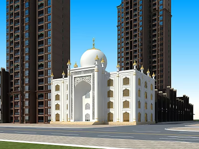 Islamic Religious Building With White Dome Golden Decorations Among Urban Tall Buildings 3d model