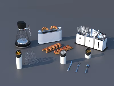 Daily Life Kitchen Essentials Including Coffee Maker Bread Bin Croissants And Cutlery 3d model
