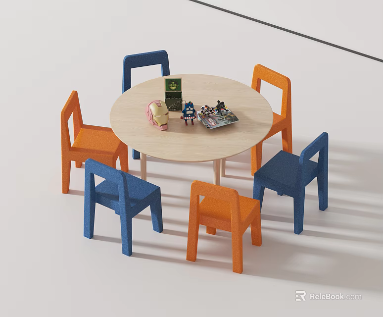 Kids Round Wooden Table And Chair Set With Blue Orange Chairs And Toys 3d model 