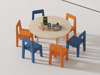 Kids Round Wooden Table And Chair Set With Blue Orange Chairs And Toys 3d model