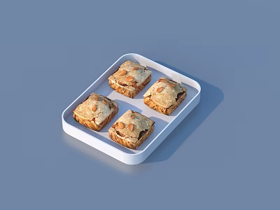 Four Freshly Baked Almond Topped Pastries On White Rectangular Tray 3d model
