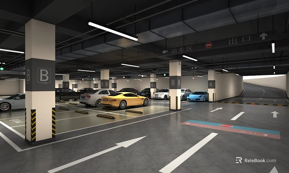 Spacious Indoor Parking Garage With Columns Letter Signs Parked Cars Ceiling Lights And Floor Arrows 3d model 
