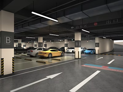 Spacious Indoor Parking Garage With Columns Letter Signs Parked Cars Ceiling Lights And Floor Arrows 3d model