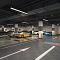 Spacious Indoor Parking Garage With Columns Letter Signs Parked Cars Ceiling Lights And Floor Arrows