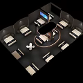 Exhibition Hall Interior With Arranged Booths Circular Central Counter And Display Screens 3d model