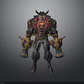 Warrior Character With Horned Creature Features In Red Gold Armored Attire And Dual Weapons