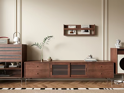 Modern Wooden TV Stand With Drawers And Glass Doors And Potted Plant In Living Room 3d model