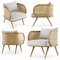 Minimalist Single Sofa Featuring Rattan Armrests Light Gray Fabric Cushion And Wooden Legs