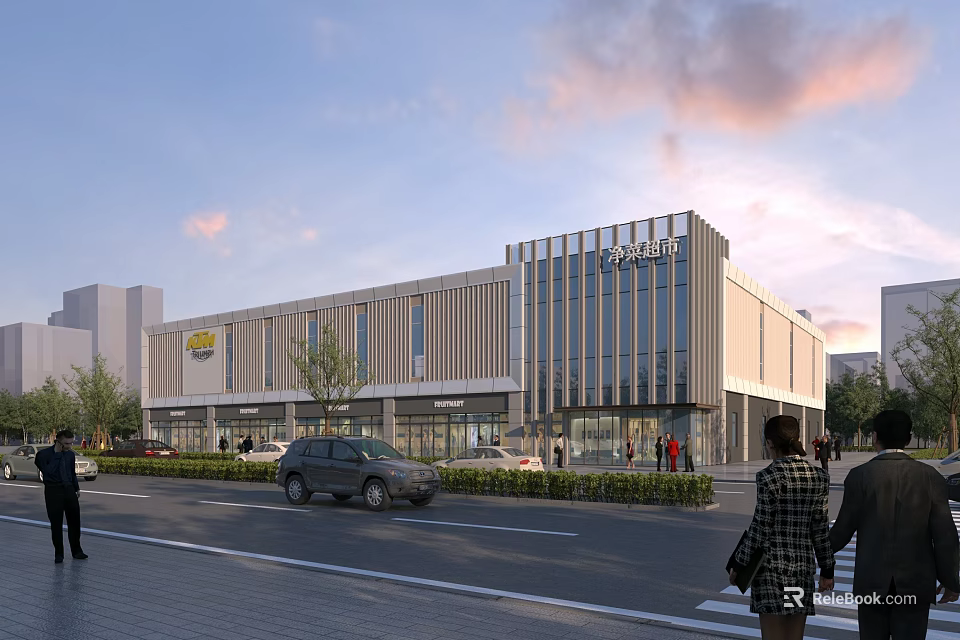 Elegant Modern Shopping Mall Exterior With Glass Windows Pedestrians And Cars 3d model 