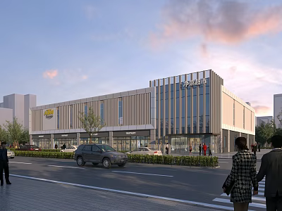 Elegant Modern Shopping Mall Exterior With Glass Windows Pedestrians And Cars 3d model
