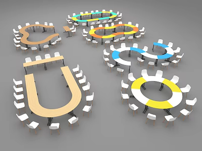 U Shaped and Round Conference Tables with Colorful Wooden Surface and White Chairs 3d model