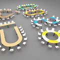 U Shaped and Round Conference Tables with Colorful Wooden Surface and White Chairs