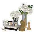 Elegant Decorative Ornament Set with White Hydrangea Glass Vase Golden Horse Figurine Book and Candle
