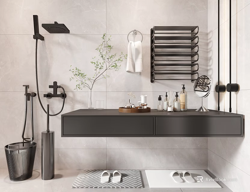 Modern Bathroom Accessories with Shower Towel Rack Sink Vanity Toiletries Slippers and Plant 3d model 