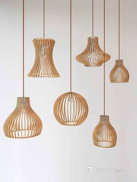 Collection Of Unique Shaped Wooden Hanging Lamps With Various Designs 3d model 