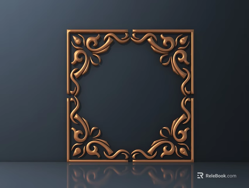 Golden Carved Frame with Intricate Ornate Scroll Patterns on Dark Background 3d model 