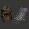 Rustic Wooden Barrel And Striped Deck Chair With Drink Bottles Setup