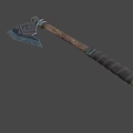 Ancient Weapon With Wooden Handle And Metal Head Featuring Intricate Red Black Labyrinth Patterns