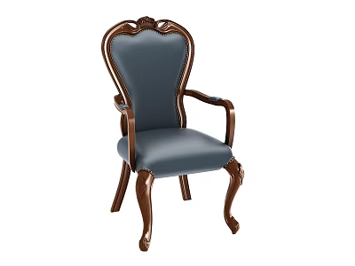 Classic Dining Chair With Wooden Carved Frame Blue Leather Seat And Stitched Armrests 3d model