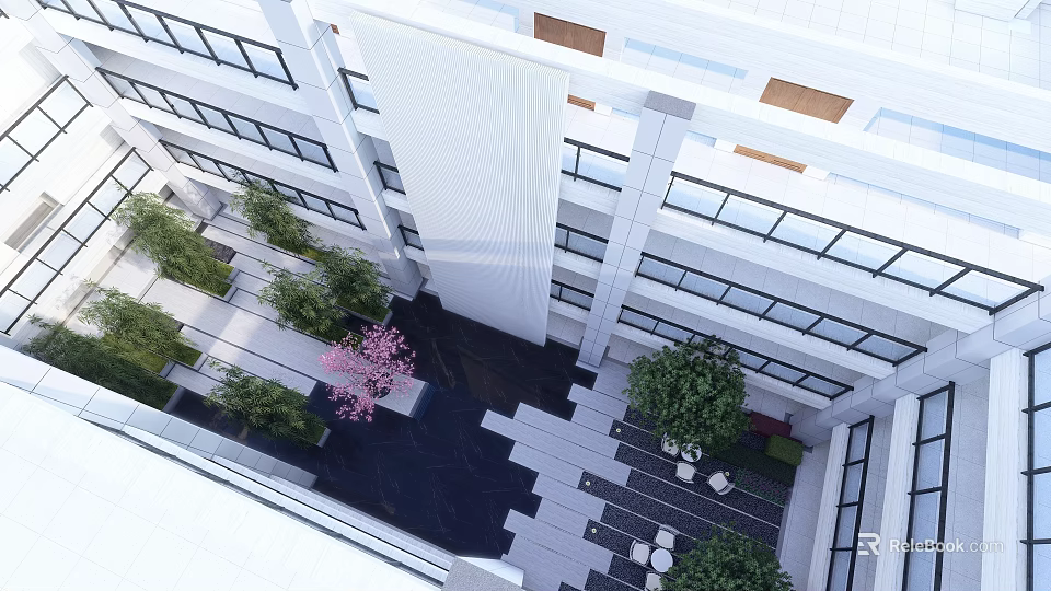 Serene Courtyard Garden Design With Green Plants Stone Pathways And Seating Area 3d model 