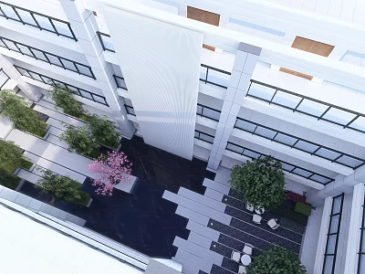 Serene Courtyard Garden Design With Green Plants Stone Pathways And Seating Area 3d model