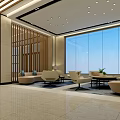 Modern Hotel Lobby Design With Wooden Ceiling Reception Desk And Large Windows