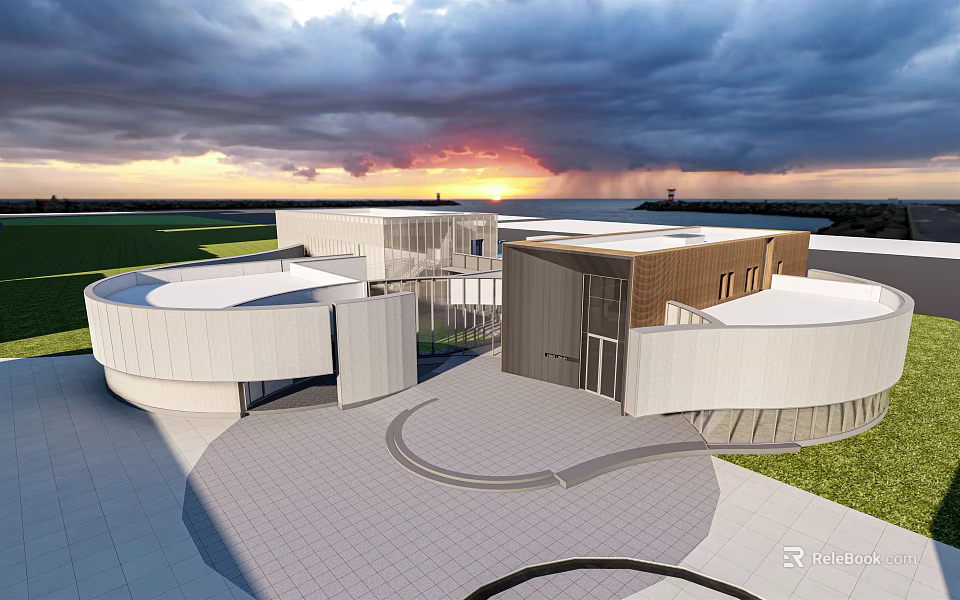 Modern Building Exterior With Circular Structure White Roof Brown Walls Sunset And Dark Clouds 3d model 