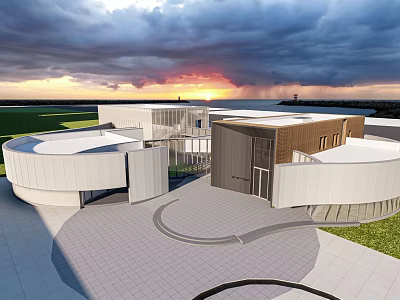 Modern Building Exterior With Circular Structure White Roof Brown Walls Sunset And Dark Clouds 3d model