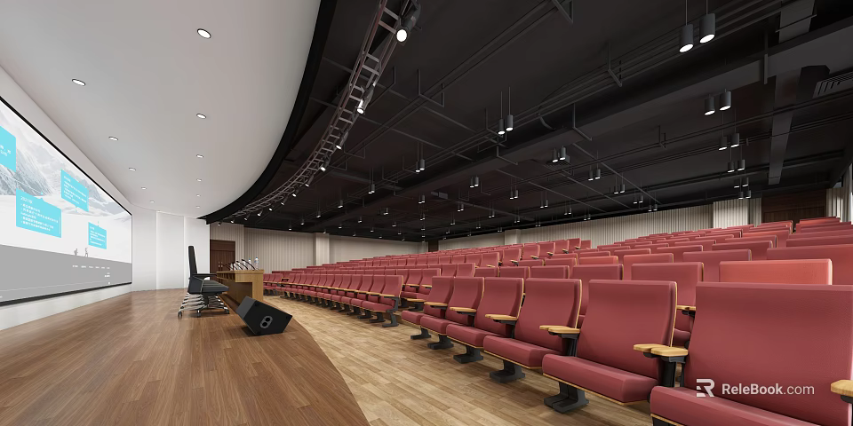Conference Room Interior With Red Seats Wooden Floor Curved Ceiling Lighting And Podium 3d model 