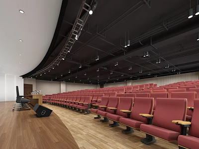 Conference Room Interior With Red Seats Wooden Floor Curved Ceiling Lighting And Podium 3d model