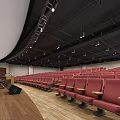 Conference Room Interior With Red Seats Wooden Floor Curved Ceiling Lighting And Podium