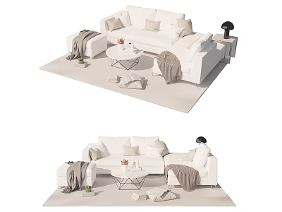 White Modern Sofa And Coffee Table Set With Throw Blanket Vase Table Lamp On Rug 3d model