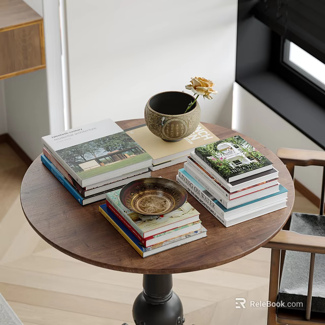 Stacked Books and Magazines on Wooden Table with Decorative Vase and Bowl 3d model 