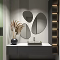 Modern Bathroom Washbasin With Circular Backlit Mirror Green Cabinet White Paneled Shelves And Marble Countertop