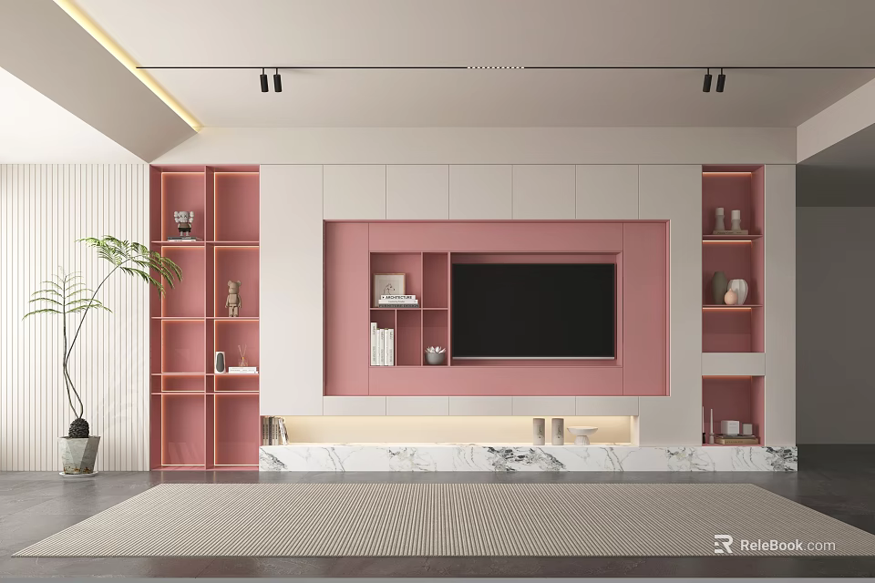 Modern Pink White TV Background Cabinet with Open Side Shelves and Marble Base 3d model 