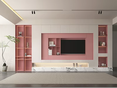 Modern Pink White TV Background Cabinet with Open Side Shelves and Marble Base 3d model