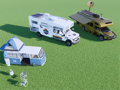 Various Types of Recreational Vehicles with Solar Panels at Grass Camping Site and Camping Gear 3d model